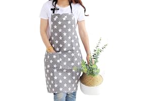 Dusenly Women's Apron With Two Pockets Fashion Star Pattern Cotton & Canvas Aprons for Women Chef kitchen, Cooking, Grill and Baking (Grey)
