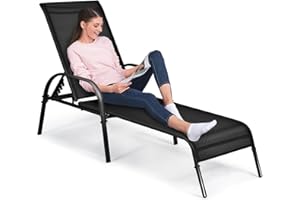 GOPLUS Chaise Longue Pliante Inclinable, Transat Jardin Extérieur Réglable en 5 Positions, Bain de Soleil en Textilène, Idéal pour Jardin, Balcon,Plage, 159-192 x 66 x 61,5-102,5 CM