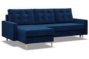 ‎MEBLIGO Mebligo - Ecksofa mit Schlaffunktion und Bettkasten BLANK, 223x88x140 cm, Universelles Eckcouch, Rechte oder Linke Seite Couch, Wohnzimmer Schlafsofa. L Couch mit Schlaffunktion - Blau
