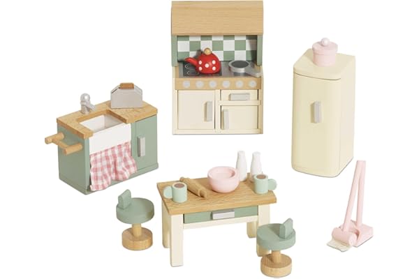 Le Toy Van - ME059 - Puppenhausküche, 3 Jahre, pädagogisches Spiel, 20-teiliges Holzmöbelset, umweltfreundliches Spielzeug, Montessori, inklusive Einrichtung und Zubehör