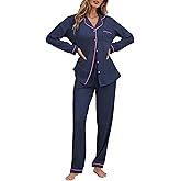 Famulily Womens Pajamas Casual Contrast Piping Button Down Long Sleeve Top and Drawstring Elastic Wide Leg Pants S-XXL