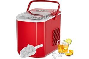 FOOING Eiswürfelmaschine mit Handgriff,Eiswürfel in 6 Minuten,Eiswürfelbereiter,Ice Cube Maker,Eiswürfelmaschinen 12KG/24H,Selbstreinigungsfunktion,2 Eiswürfelgrößen, Rot