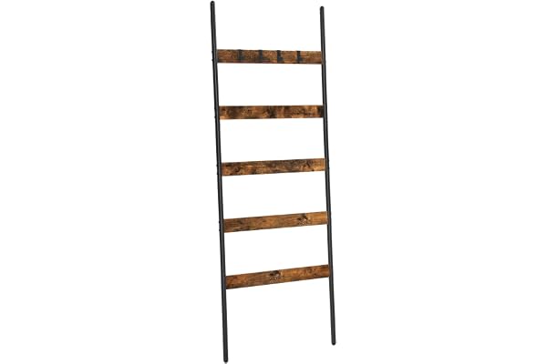 VASAGLE filtstege, lutande stegehylla, handduksställ i 5 nivåer, 65 cm bred, stålram, för filtar, handdukar, halsdukar, industriell stil, rustikt brunt och svart LLS011B01