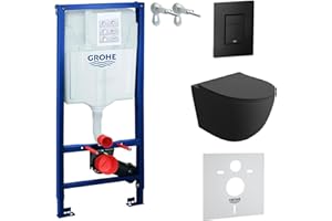 LAVITA GROHE Elemento a parete Solido + WC sospeso Sinto Nero Senza brida + Sedile WC con chiusura ammortizzata Pulsante nero Set completo Cassetta di scarico incassata WC Set completo WC
