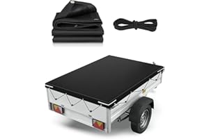JAMHEXOU Trailer Covers Waterproof Trailer Tarpaulin Cover Car trailer cover 7x4 600D Oxford Heavy Duty with Reinforced Eyelets & Reflective Strips Windproof UV Protection (214 x 122 x 13cm)