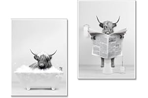 ERBO 2er Lustige Hochland Kuh Wandkunst in Badewanne Deko Bilder - Schwarz-Weiß Leinwand Bild - Bilder Badezimmer Bad Toilette - Hochwertiger Kunstdruck Poster - Ohne Rahme (20x30cm)