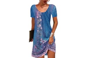 GRMLRPT Damska sukienka z krótkim rękawem i okrągłym dekoltem, w stylu boho, letnia sukienka, mini sukienka, nadruk kwiatowy, luźna tunika, sukienka na czas wolny (wielokolorowa, S)