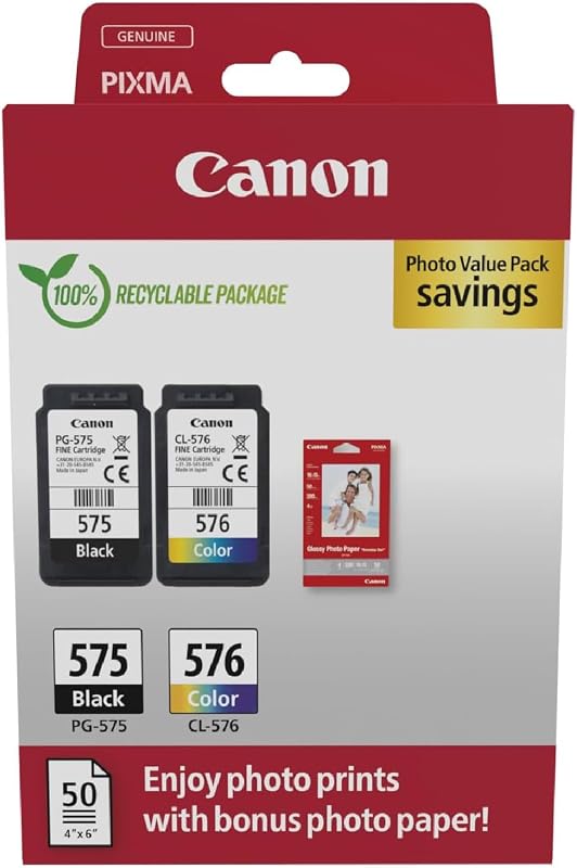 Canon Tintenpatronen & Papier-Multipack - PG-575/CL-576 Original Druckerpatronen 2er Pack (1 x Schwarz, 1 x Farbe) & 4x6 Fotopapier (50 Blatt)