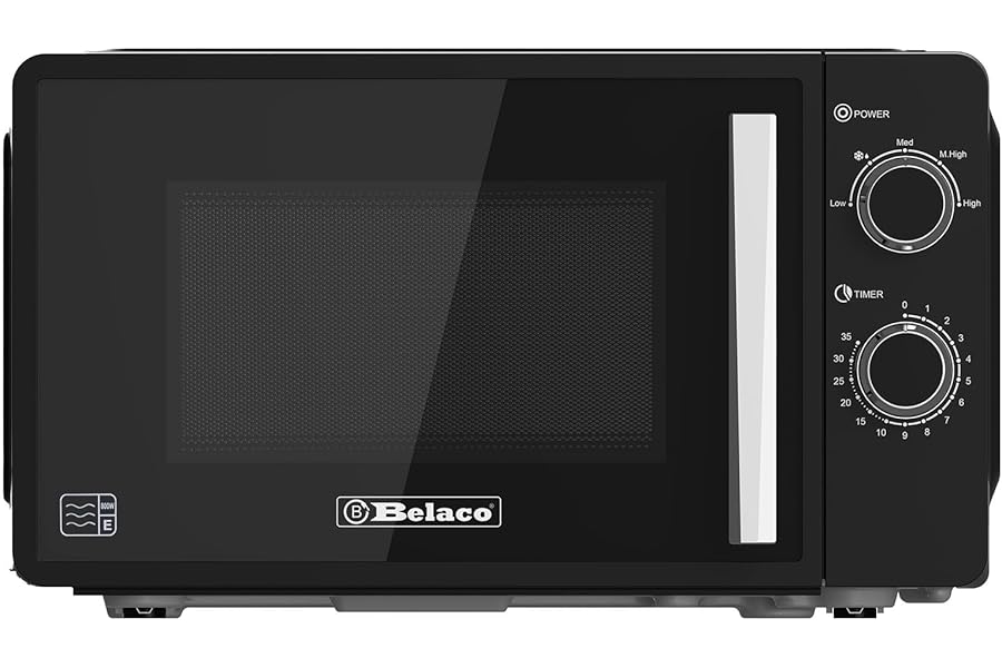 Belaco 800W Microwave Compact Size Microwave Oven with Manual Control, 10 Power Levels, 20L Capacity, Timer Function, Easy Clean Interior Ideal for Home or Office Use