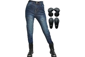SHUOJIA Pantaloni Moto Donna,jeans Da Moto Slim Fit Da Donna Con Protezioni Per Ginocchia E Fianchi, Rinforzano Pantaloni Da Moto Skinny Elastici (Blue-A,S)