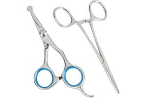 Small Dog Grooming Scissors and Tweezers Set, Everesta Straight Pet Ear Locking Forceps Hemostat Forceps Stainless Steel Hair Puller & Round Tip Dog Grooming Scissors