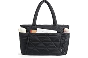 bagsmart Tote Bag for Women, Puffy Tote Bag with Zipper, Large Quilted Shoulder Bag with Compartments for Travel, Work, Gym