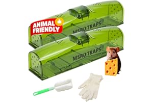 MSR TRAPS Humane-Mouse Traps for Indoors [2 Pack] Extra-Long with Safe Dual Side Upward Doors No Tail Cuts, Includes Gloves & Washable Brush Field Mouse Catchers & Reusable for Indoor/Outdoor Use No-Kill By MSR