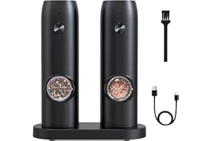 VACANON Electric Salt and Pepper Grinder Set USB Rechargeable Automatic Operation Salt and Pepper Mill with Ceramic Grind and LED Light Adjustable Coarseness (Pack of 2)