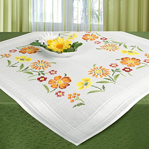 Stickpackung BLUMENWIESE / Komplettes Vorgezeichnetes Tischdecken Set zum Sticken / Blumen Stickset mit Stickvorlage für Erwachsene / Sticken im Kreuzstich