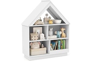 COSTWAY regał dziecięcy w kształcie domu, regał dziecięcy z drewna z 5 szufladami, 3-poziomowy regał do pokoju dziecięcego, organizer na zabawki i regał zabawkowy do pokoju zabaw, sypialni, 88 x 34 x