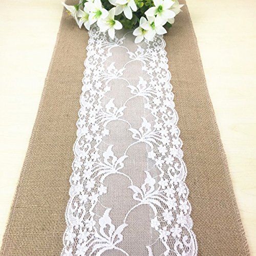 PsmGoods® Rustic Burlap Lace Hessischen Tischläufer Natürliche Jute für Hochzeits-Festival Ereignis Tischdekoration 12x108 "Weiße Spitze-