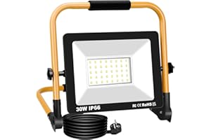RIGIDON Foco de Trabajo Led 30W, 3000LM Portatil Proyector Led, Soporte Plegable, IP66 Focos Lámpara Uso en Interiores y Exterior, Para Obra de construcción, Taller, Garaje, Jardín, 6000K Blanca