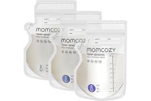 Momcozy Bolsas Leche Materna Con Pico Vertedor, 250 ml, Termosensibles (Cambio De Color), 120 Unidades, Base Autoestable, Preesterilizadas, Antifugas, Aptas Para Congelador, Reciclables Y Sin BPA