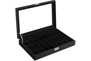 SONGMICS Watch Box, Lockable Watch Case, Watch Storage Box with 24 Slots, Glass Lid, Gift for Loved Ones, Ink Black Synthetic Leather, Ink Black Lining JWB024B02