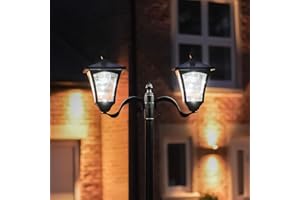 Festive Lights - 2.1m (7ft) Solar Twin Head Traditional Victorian Style Lamp Post Light - 12 Cool White LEDs, Dual Brightness Settings - Outdoor Garden Feature, IP44 Rated, Fixing Options Included