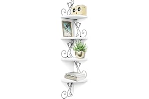 Alsonerbay Corner Shelf Wall Mounted, 4 Tier Cat-shaped Corner Shelves Rustic Wood Floating Shelf Metal Corner Stand for Living Room Bedroom Kitchen Office and More White
