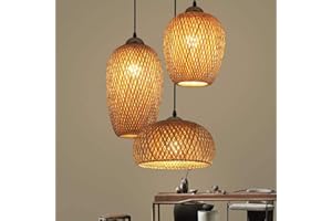 FUMIMID Rattan Bambus Pendelleuchte Retro Stil Laterne Kronleuchter Antik Holz Esszimmer Lampe Landhaus Hängelampe Wicker Lampenschirm Schlafzimmer Wohnzimmer Deckenlampe E27 Pendellampe 3 Leuchte