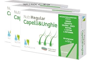 Nutriregular Capelli e Unghie, 90 compresse - Integratore Naturale Migliora la Crescita, Volume, Forza Capelli - Azione Rinforzante Unghie - Con Zinco, Selenio, Biotina, Ginko, Equiseto - Nutrileya