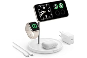 Anker MagGo 3-in-1 Kabellose Ladestation, 15W kabelloser Ladeständer, MagSafe-kompatibel, Qi2-zertifiziert, für iPhone 16/15/14/13 Serie, AirPods Pro, Apple Watch Ultra (Mit USB-C Netzteil und Kabel)