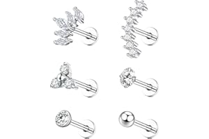 sawyofu Tragus Labret Studs Piercing Jewellery 6PCS 16G Stainless Steel Labret Lip Bars CZ Flat Back Cartilage Earrings Helix Conch Lip Nose Ear Piercing Studs Jewellery For Women Men