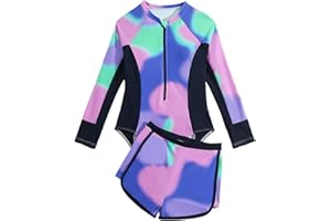 DIVINGBIRDS Girls Swimming Costume Padded Bras Long Sleeve Girl Swimsuit Zipper Two Pieces Teen Swimming Suit with Swim Short 8-13 Years