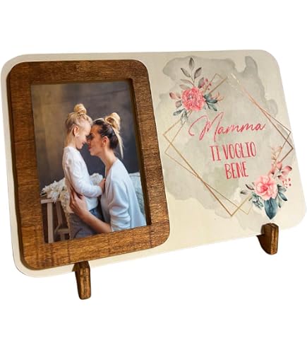 Cornice Portafoto in Legno Mamma Famiglia Amore, Porta Foto 2 Utilizzi Tavolo Scrivania Parete Muro, Idea Regalo Festa della Mamma Natale Compleanno, Decorazioni per la Casa, 100% Made in Italy