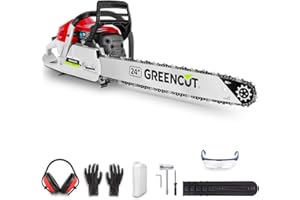 GREENCUT GS720X - Tronçonneuse à essence, moteur à combustion interne 2 temps 72cc, guide-chaîne denté 24", pour l'abattage et l'élagage, guidon ergonomique