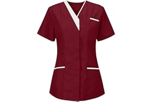 QZQZ Uniforme Médicale Blouse Femme Manche Courte Tunique Médicale Blouse Pas Cher Uniforme Médical Blouse Estheticienne Col V 2 Poches infirmière Femme Blouse Aide soigante Été Grande Taille