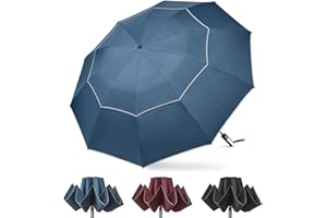 G4Free Parapluie pliable de 157,5 cm avec bande réfléchissante à 10 baleines, grand parapluie de golf de voyage, parapluie inversé, coupe-vent, double auvent à ouverture automatique