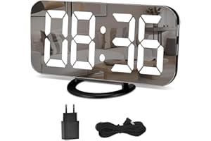 U-PICKS Réveil Numérique, Miroir Réveil Grand écran à Del de 6,5 Po avec Mode de Variation de la Luminosité, Luminosité Réglable, 2 Ports de Charge USB, Gros Bouton Snooze pour à Home Decor Noir