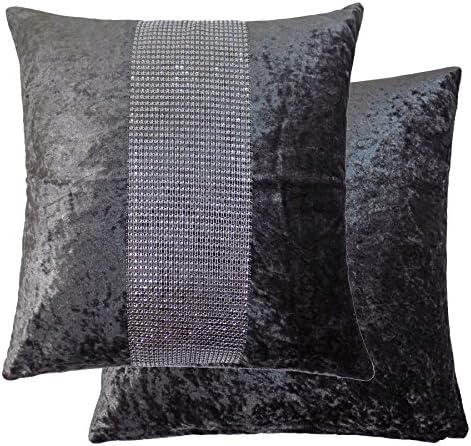 FILLED CRUSHED VELVET SILVER GREY DIAMANTE BAND 17" 43CM CUSHION