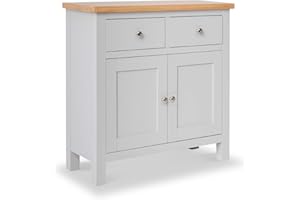 RoselandFurniture Farrow Mini Grey Sideboard for Living Room Painted Small Storage Cabinet | Fully Assembled Solid Wood 2 Door Cupboard with 2 Drawers & Oak Top for Kitchen Dining Room or Hallway