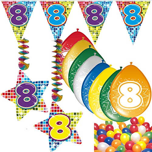 54-teiliges Partydeko Set * ZAHL 8 * für Kindergeburtstag oder 8. Geburtstag mit Girlande, Rotorspiralen, Luftschlangen und vielen Luftballons von CARPETA®