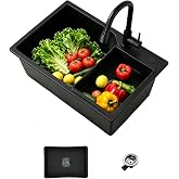 Granite Black Kitchen Sink, Kitchen Sink 1 Bowl 70 x 45 cm, with Replacement Inner Sink and Drain, Kitchen Sink Suitable for
