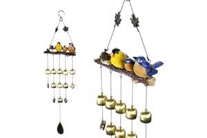 Ignpion - Campanello a vento da giardino con 4 uccelli, ideale per decorazione da interni ed esterni, ideale per la casa, il cortile, con gancio (blu+giallo)