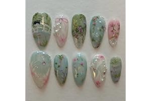 GlamRays 24 Pieces Almond Press on Nails, Medium Blue Green Fake Nails, Bow, Glue Nails, Cute Cat Flower Design, Acrylic Nails, Stiletto Handmade, Full Cover