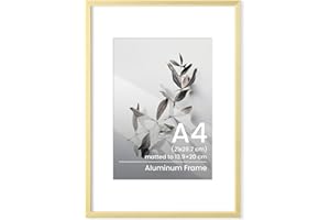 FEIHORRM A4 Frame Gold, Metal Aluminium A4 Picture Frame, 21x29.7 cm A4 Photo Frame with Mount for A5 Prints, Certificates Documents Poster Frames with Tempered Glass for Vertical & Horizontal Wall Hanging