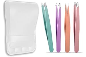 zoerbufan 4 Piezas Pinzas Profesionales de Acero Inoxidable para Cejas para Mujeres y Hombres, Pinzas para Depilación Encarnada con Funda de Cuero (4 Color)