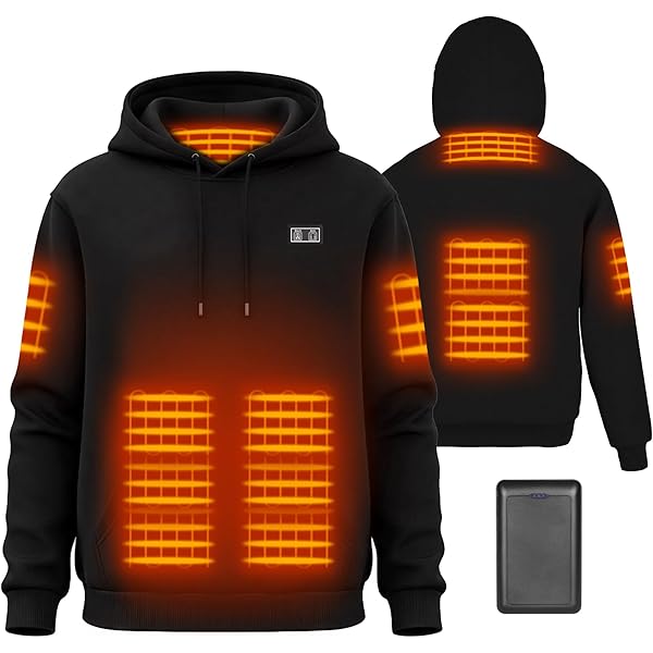 seenlast Verwarmbare hoodie, verwarmbare jas met capuchon voor heren en dames, verwarmde jas met capuchon met 10.000 mAh accu, 3 temperatuurstanden, 6 verwarmingszones, volledig verwarmde