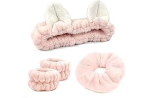 ‎MY NOVEL THINGS Gesichtswasch-Stirnband, Hautpflege-Stirnband, Handgelenkbänder zum Waschen des Gesichts, Spa-Haarbänder kommen mit einem Haargummi, niedliches rosa Katzenohren, elastisches Stirnband, zum Waschen des