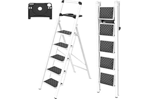 HBTower Scala 5 Gradini Pieghevole con Vassoio Porta-Attrezzi, Sgabello Compatto, Struttura in Acciaio Robusto, Portata 150 kg, Portatile per Casa e Cucina