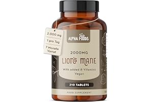 ‎ALPHA FOODS Lions Mane Mushroom - Löwenmähne Pilz Komplex - 210 Tabletten - Hericium Erinaceus 12:1 Extrakt - 2000mg Tagesdosis - mit schwarzem Pfeffer + Vitamin B1 B2 B3 B5 B6 - Vegan - Alpha Foods