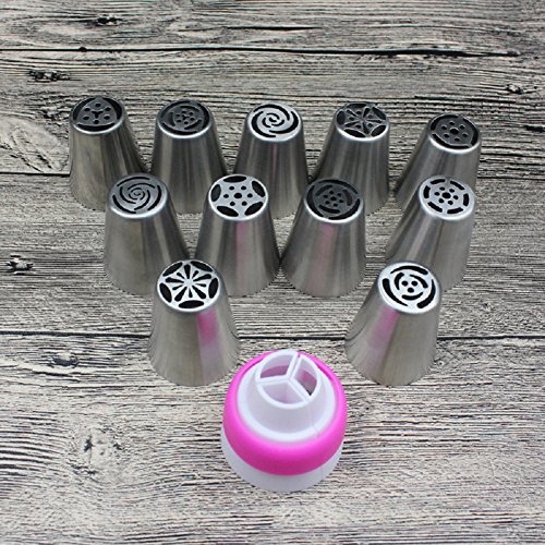 Russische Pfeifenspitzen, Edelstahl für DIY Gebäck-Zuckerglasur-Dekoration-Werkzeug (11Pcs + 1Coupler) - 7