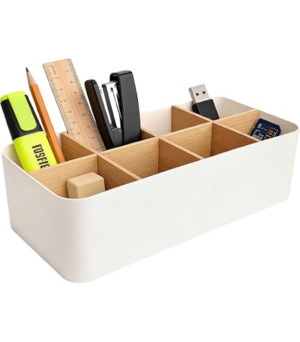 Schreibtisch Organizer 8 Fächer ZephyrCraft Schreibtisch-Organizer – 8 Fächer, 26,6x12,8x7,9 Cm, ABS + Bambus – Für Stifte, Fernbedienungen & Bürozubehör – Weiß